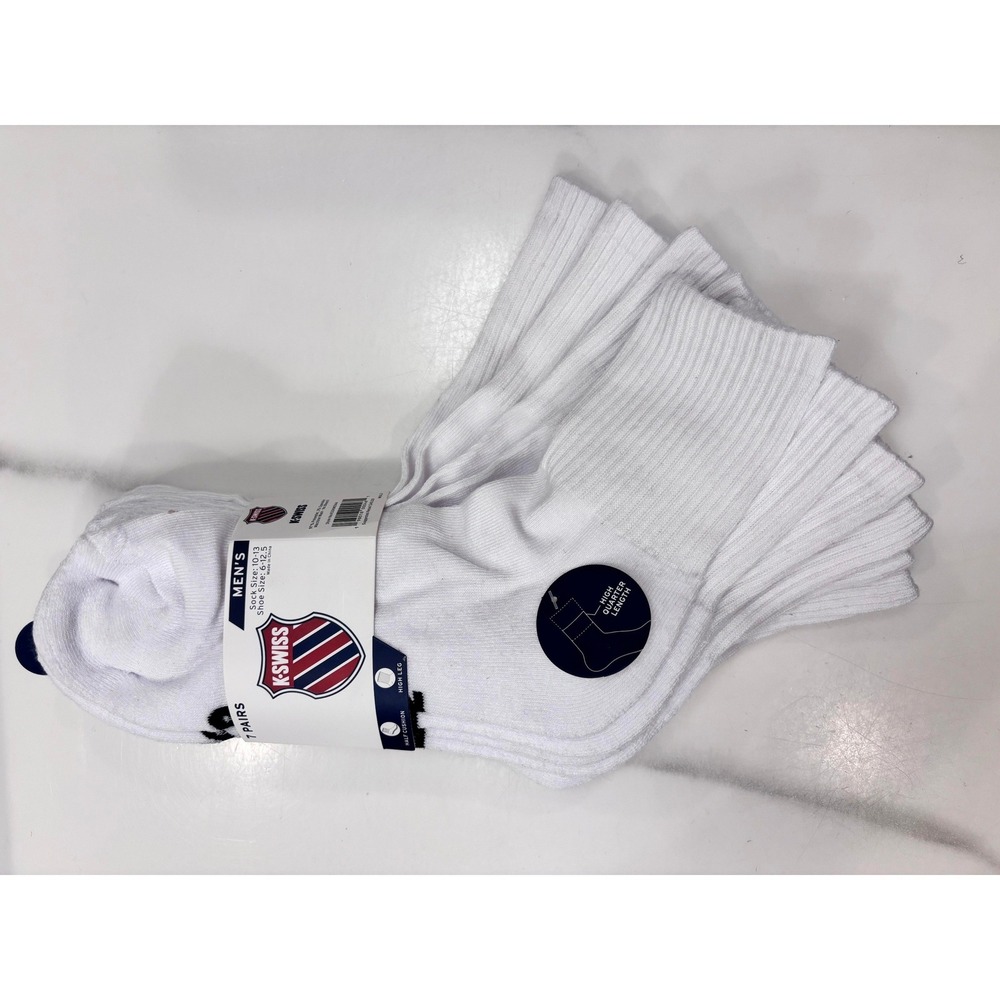 K-Swiss Mens High Quarter Socks 7 Pairs White Size 10-13 Shoe 6-12.5